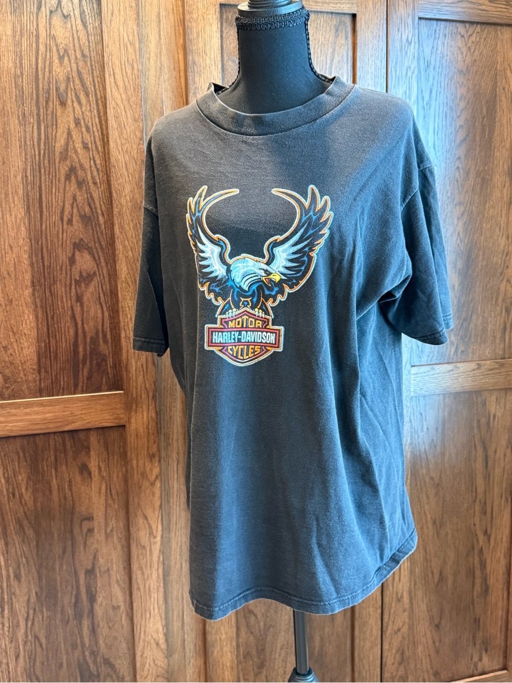 Harley-Davidson Black Tee with Blue and Gold Eagle Graphic